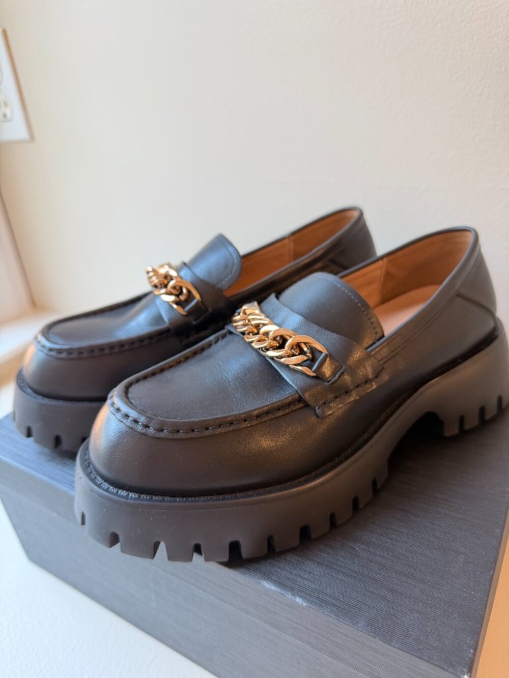 Black Leather Platform Loafers with Chunky Gold Hardware- size 7